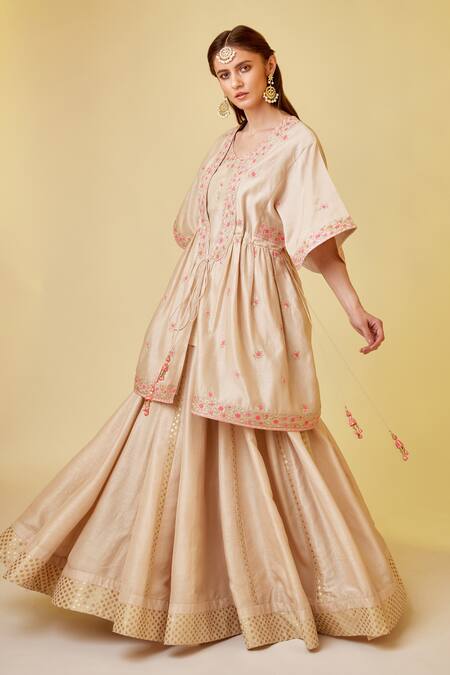 Shop_Shyam Narayan Prasad_White Chanderi Silk, Denim Thread And Gota Work Angrakha Kurta Skirt Set _Online_at_Aza_Fashions