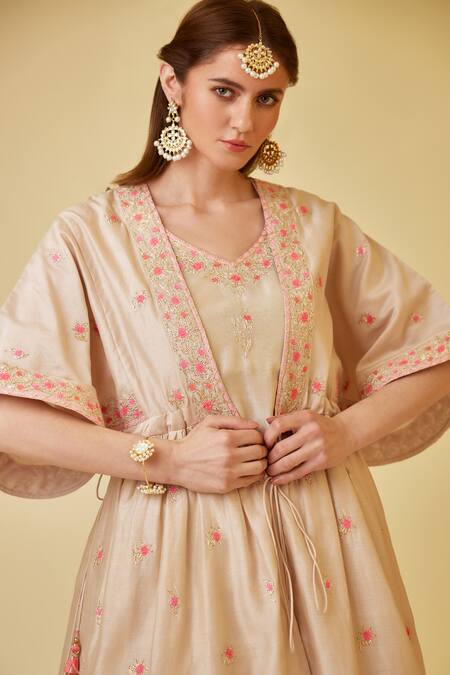 Shyam Narayan Prasad_White Chanderi Silk, Denim Thread And Gota Work Angrakha Kurta Skirt Set _at_Aza_Fashions