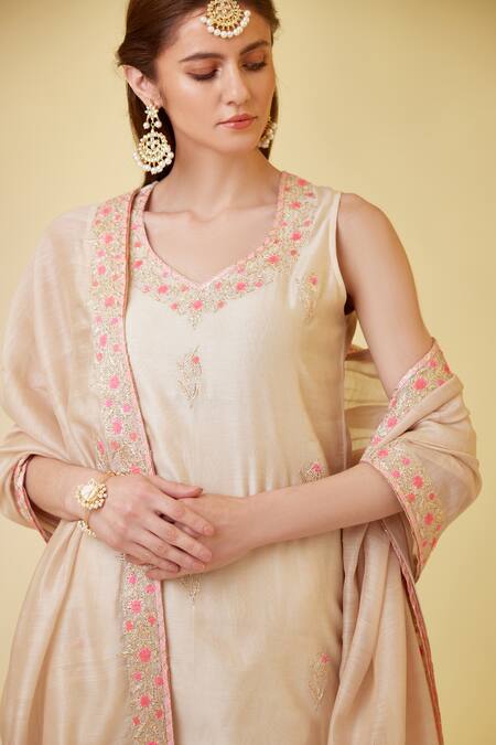 Shyam Narayan Prasad_White Chanderi Silk, Denim Embroidery, Thread And Work Short Kurta Skirt Set _Online_at_Aza_Fashions