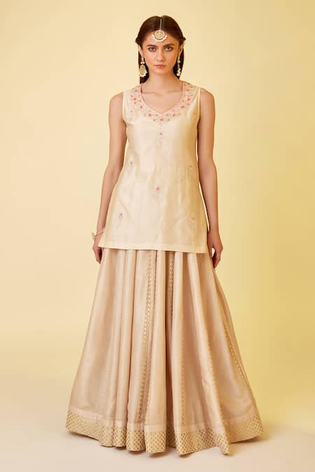 Buy_Shyam Narayan Prasad_White Chanderi Silk, Denim Embroidery, Thread And Work Short Kurta Skirt Set _Online_at_Aza_Fashions