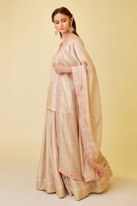 Shop_Shyam Narayan Prasad_White Chanderi Silk, Denim Embroidery, Thread And Work Short Kurta Skirt Set _Online_at_Aza_Fashions