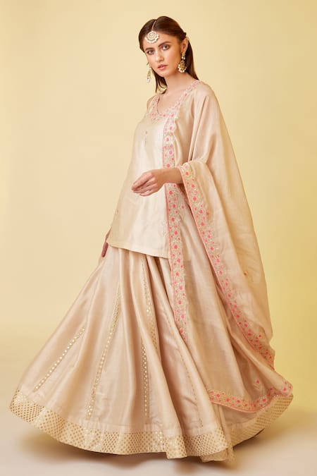 Shyam Narayan Prasad_White Chanderi Silk, Denim Embroidery, Thread And Work Short Kurta Skirt Set _at_Aza_Fashions