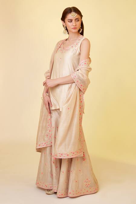 Shyam Narayan Prasad_White Chanderi Silk Embroidery, Tassels, Thread And Work Short Kurta Sharara Set _Online_at_Aza_Fashions