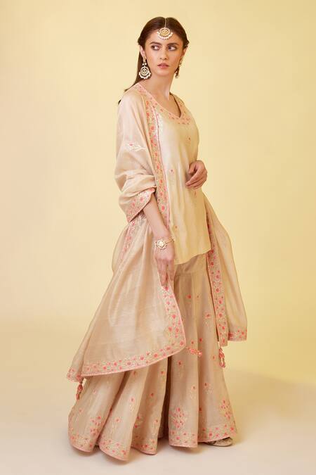 Buy_Shyam Narayan Prasad_White Chanderi Silk Embroidery, Tassels, Thread And Work Short Kurta Sharara Set _Online_at_Aza_Fashions
