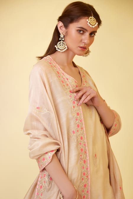 Shop_Shyam Narayan Prasad_White Chanderi Silk Embroidery, Tassels, Thread And Work Short Kurta Sharara Set _Online_at_Aza_Fashions