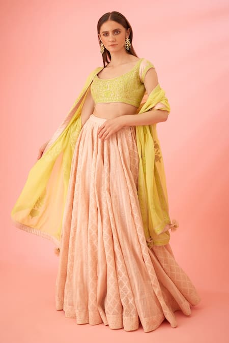 Buy_Shyam Narayan Prasad_Green Modal, Chanderi Embroidery Round Neck Jacquard Lehenga Set _Online_at_Aza_Fashions