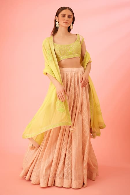 Shop_Shyam Narayan Prasad_Green Modal, Chanderi Embroidery Round Neck Jacquard Lehenga Set _Online_at_Aza_Fashions