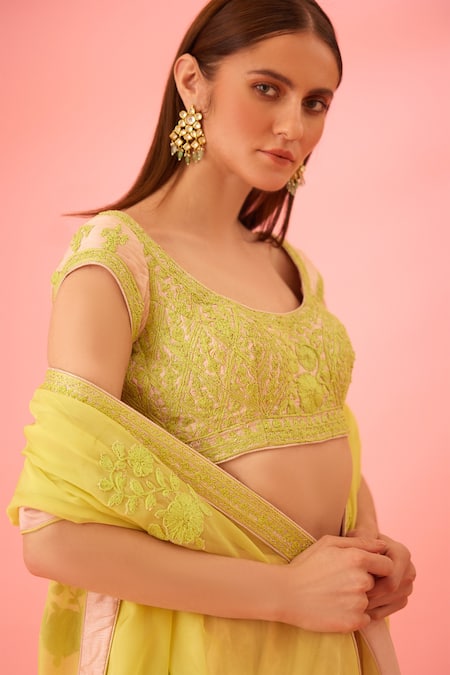 Shyam Narayan Prasad_Green Modal, Chanderi Embroidery Round Neck Jacquard Lehenga Set _at_Aza_Fashions