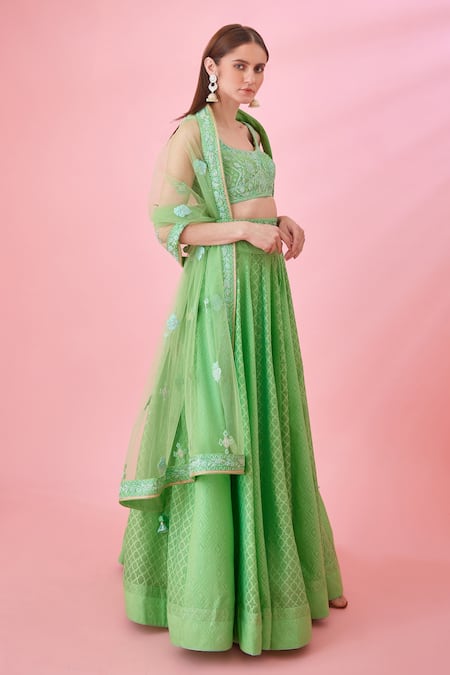 Buy_Shyam Narayan Prasad_Green Modal, Chanderi Embroidery Scoop Jacquard Geometric Pattern Lehenga Set _Online_at_Aza_Fashions