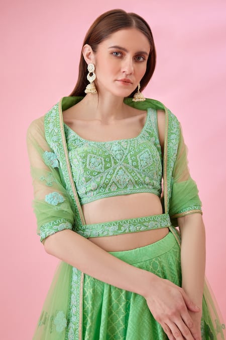 Shop_Shyam Narayan Prasad_Green Modal, Chanderi Embroidery Scoop Jacquard Geometric Pattern Lehenga Set _Online_at_Aza_Fashions