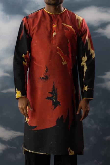 Buy_Saksham & Neharicka_Red Silk Embroidery Printed And Straight Kurta_Online_at_Aza_Fashions