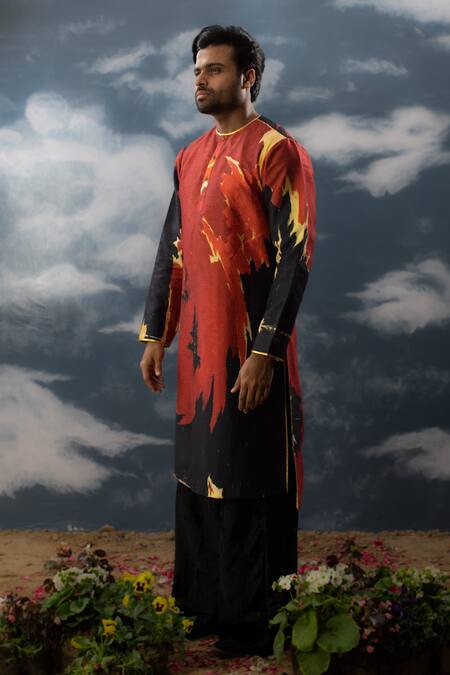 Saksham & Neharicka_Red Silk Embroidery Printed And Straight Kurta_Online_at_Aza_Fashions