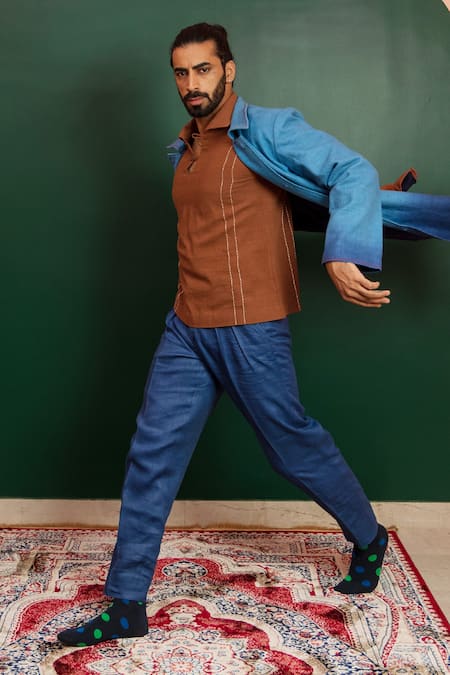 Buy_Artless_Multi Color Cotton Jacquard Plain Sky And Ocean Spread Collar Coat_Online_at_Aza_Fashions