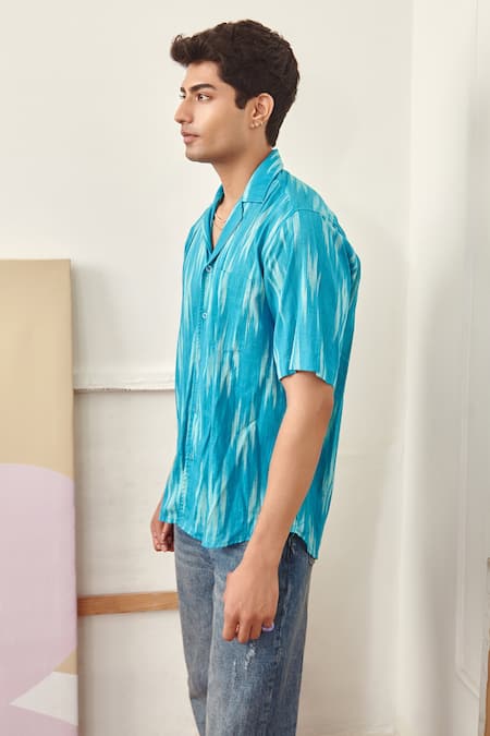 Shop_Sorbae_Blue Printed Ikat Vern Cuban Collar Shirt_Online_at_Aza_Fashions