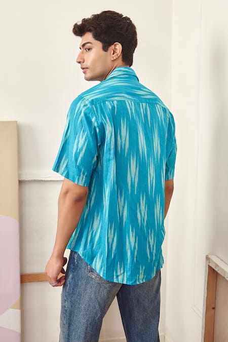Sorbae_Blue Printed Ikat Vern Cuban Collar Shirt_at_Aza_Fashions