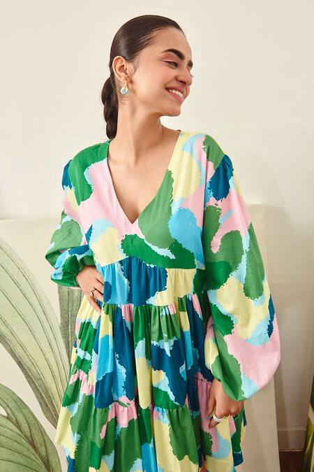 Sorbae_Multi Color Cotton Satin Camo V Neck Print Tiered Dress_at_Aza_Fashions