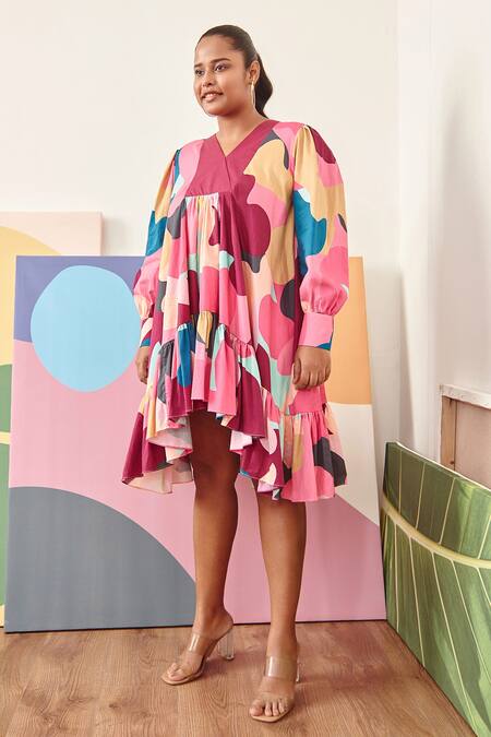 Sorbae_Multi Color Cotton Satin Printed Camo V Neck Thalia High-low Dress_at_Aza_Fashions