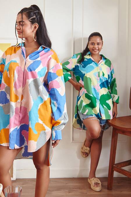 Buy_Sorbae_Multi Color Cotton Satin Printed Camo Collared Neck Oversized Shirt_Online_at_Aza_Fashions