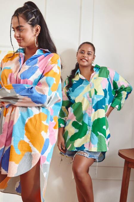 Shop_Sorbae_Multi Color Cotton Satin Printed Camo Collared Neck Oversized Shirt_Online_at_Aza_Fashions