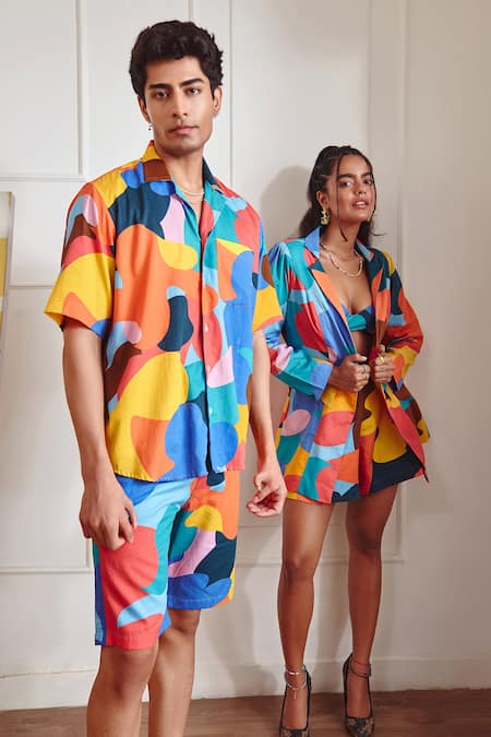 Buy_Sorbae_Multi Color Cotton Satin Camo Jace Shirt And Shorts Set_Online_at_Aza_Fashions