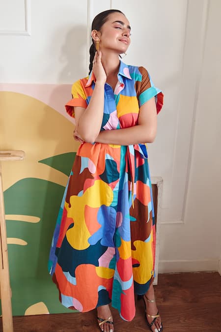 Shop_Sorbae_Multi Color Cotton Camo Print Collared Neck Svea Shirt Dress_Online_at_Aza_Fashions