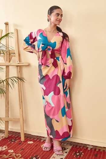 Sorbae_Multi Color Cotton Satin Printed Camo Thalia Wrap Skirt And Bustier Set_Online_at_Aza_Fashions