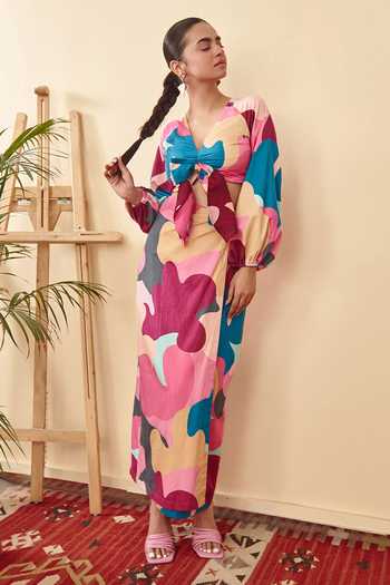 Buy_Sorbae_Multi Color Cotton Satin Printed Camo Thalia Wrap Skirt And Bustier Set_Online_at_Aza_Fashions