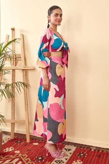 Shop_Sorbae_Multi Color Cotton Satin Printed Camo Thalia Wrap Skirt And Bustier Set_Online_at_Aza_Fashions
