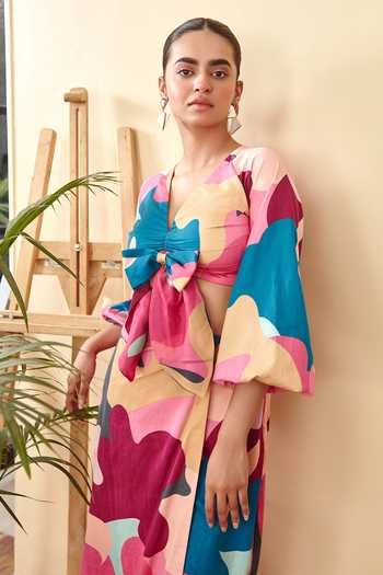 Sorbae_Multi Color Cotton Satin Printed Camo Thalia Wrap Skirt And Bustier Set_at_Aza_Fashions