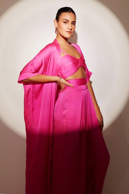 Sorbae_Fuchsia Satin Notched Neck Textured Pattern Overlay And Pant Set_Online_at_Aza_Fashions