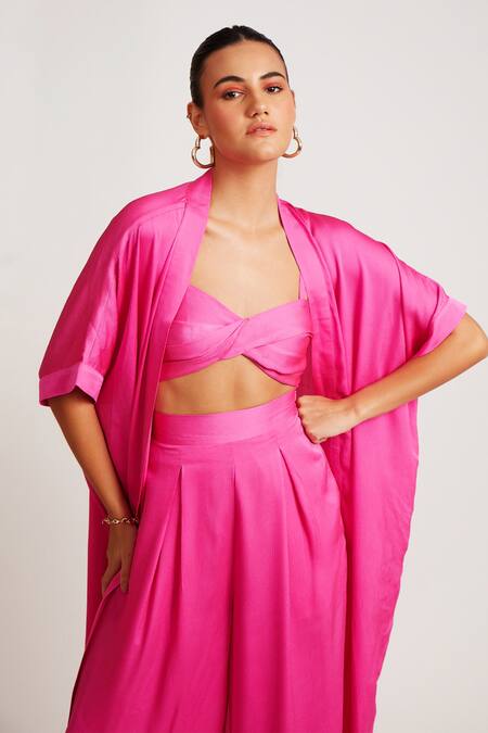 Buy_Sorbae_Fuchsia Satin Notched Neck Textured Pattern Overlay And Pant Set_Online_at_Aza_Fashions