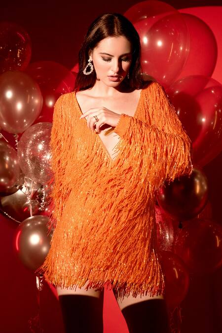 Asra_Orange Four Way Stretch Net Embroidered Beaded Tassels Plunge V Neck Dress _Online_at_Aza_Fashions