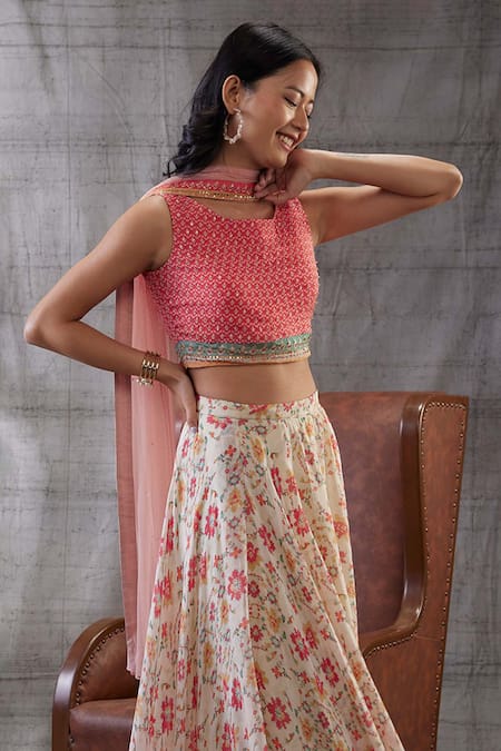 Buy_Soup By Sougat Paul_Peach Chiffon, Net Embroidery, Sequins Round Neck Zahra Floral Print Lehenga Set _Online_at_Aza_Fashions