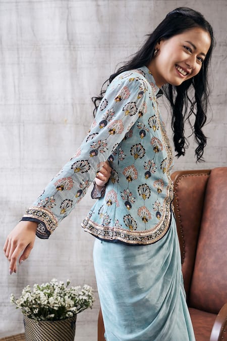 Shop_Soup By Sougat Paul_Blue Crepe Embroidery Mandarin Collar Sarouk Print Draped Skirt And Top Set _Online_at_Aza_Fashions