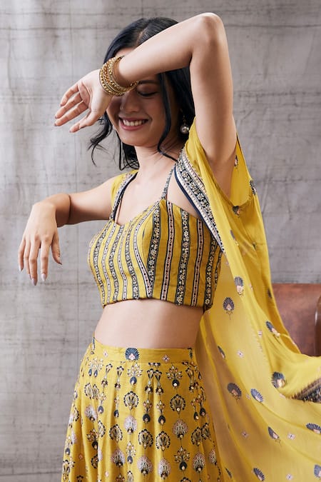 Soup By Sougat Paul_Yellow Silk, Chiffon Embroidery V-neck, Open Garden Print Jacket Palazzo Set _Online_at_Aza_Fashions