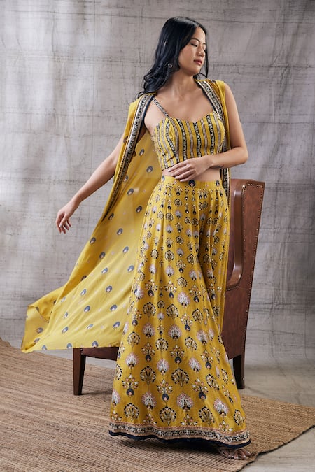 Buy_Soup By Sougat Paul_Yellow Silk, Chiffon Embroidery V-neck, Open Garden Print Jacket Palazzo Set _Online_at_Aza_Fashions