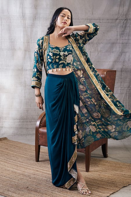 Buy_Soup By Sougat Paul_Green Crepe, Chiffon Tassels, Sequins, Mehr Printed Jacket Draped Skirt Set _Online_at_Aza_Fashions