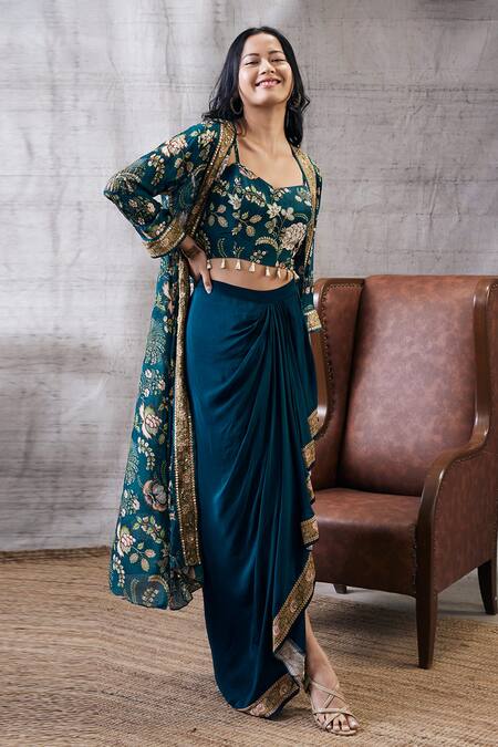 Shop_Soup By Sougat Paul_Green Crepe, Chiffon Tassels, Sequins, Mehr Printed Jacket Draped Skirt Set _Online_at_Aza_Fashions
