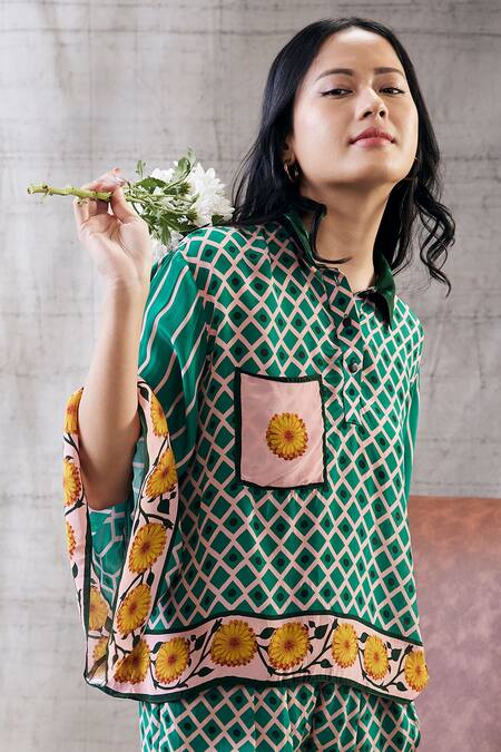 Soup By Sougat Paul_Green Crepe Embroidery Collared Taahira Checkered Print Top And Pant Set _Online_at_Aza_Fashions