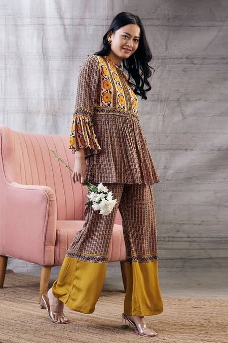 Buy_Soup By Sougat Paul_Multi Color Crepe Embroidery Mandarin Multicolor Printed Peplum Kurta And Pant Set _Online_at_Aza_Fashions