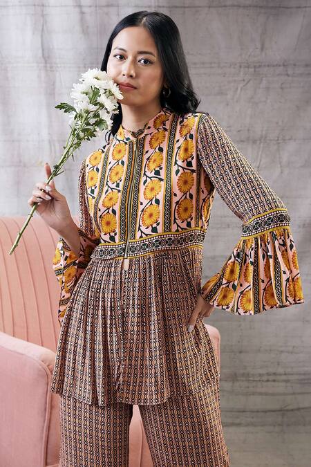 Shop_Soup By Sougat Paul_Multi Color Crepe Embroidery Mandarin Multicolor Printed Peplum Kurta And Pant Set _Online_at_Aza_Fashions