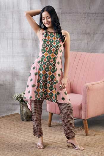 Shop_Soup By Sougat Paul_Multi Color Crepe Embroidery Boat Neck Taahira Botanical Print Kurta And Pant Set _Online_at_Aza_Fashions