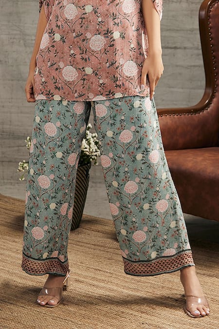 Buy_Soup By Sougat Paul_Peach Cotton Embroidery, Sequins Boat Neck Vintage Trail Top And Pant Set _Online_at_Aza_Fashions