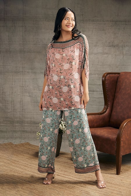 Shop_Soup By Sougat Paul_Peach Cotton Embroidery, Sequins Boat Neck Vintage Trail Top And Pant Set _Online_at_Aza_Fashions