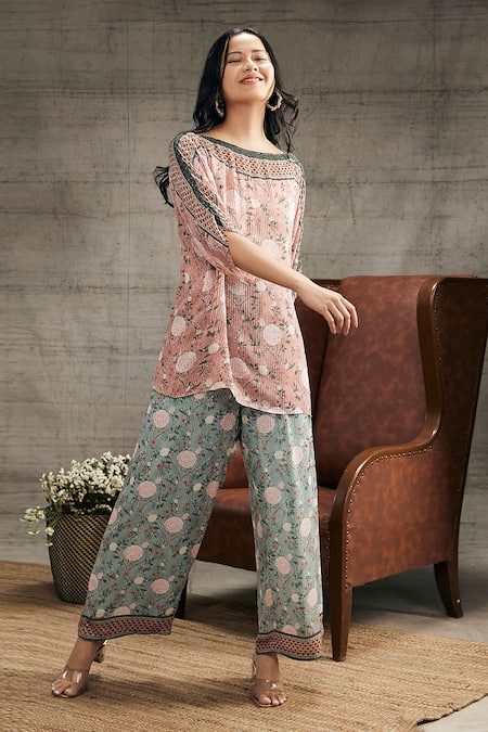 Soup By Sougat Paul_Peach Cotton Embroidery, Sequins Boat Neck Vintage Trail Top And Pant Set _at_Aza_Fashions