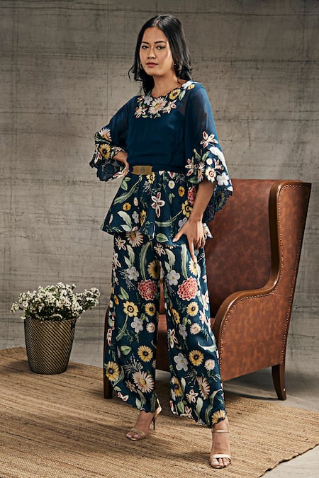 Soup By Sougat Paul_Blue Organza, Silk Embroidery Round Neck Guldista Top And Flared Pant Set _Online_at_Aza_Fashions