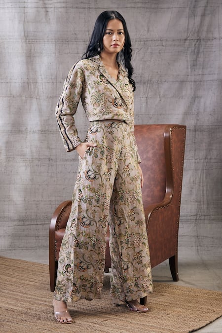 Soup By Sougat Paul_Beige Brocade Embroidery Collared Mehr Printed Jacket And Pant Set _Online_at_Aza_Fashions