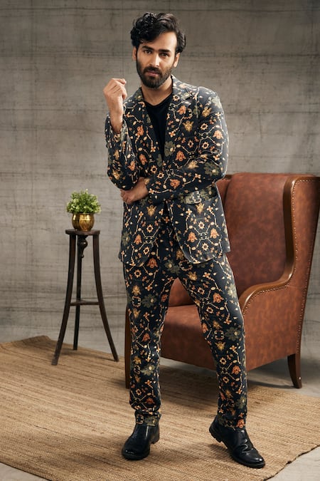 Buy_Soup By Sougat Paul_Black Silk Embroidery Zahra Printed Blazer And Pant Set _Online_at_Aza_Fashions