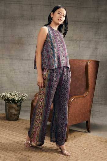 Soup By Sougat Paul_Blue Cotton Sequins, Embroidery Round Neck Ikaya Printed Top And Pant Set _Online_at_Aza_Fashions