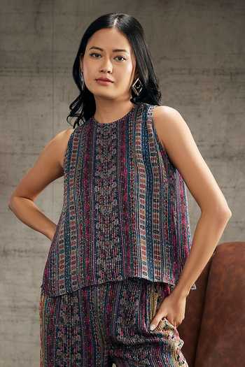Buy_Soup By Sougat Paul_Blue Cotton Sequins, Embroidery Round Neck Ikaya Printed Top And Pant Set _Online_at_Aza_Fashions